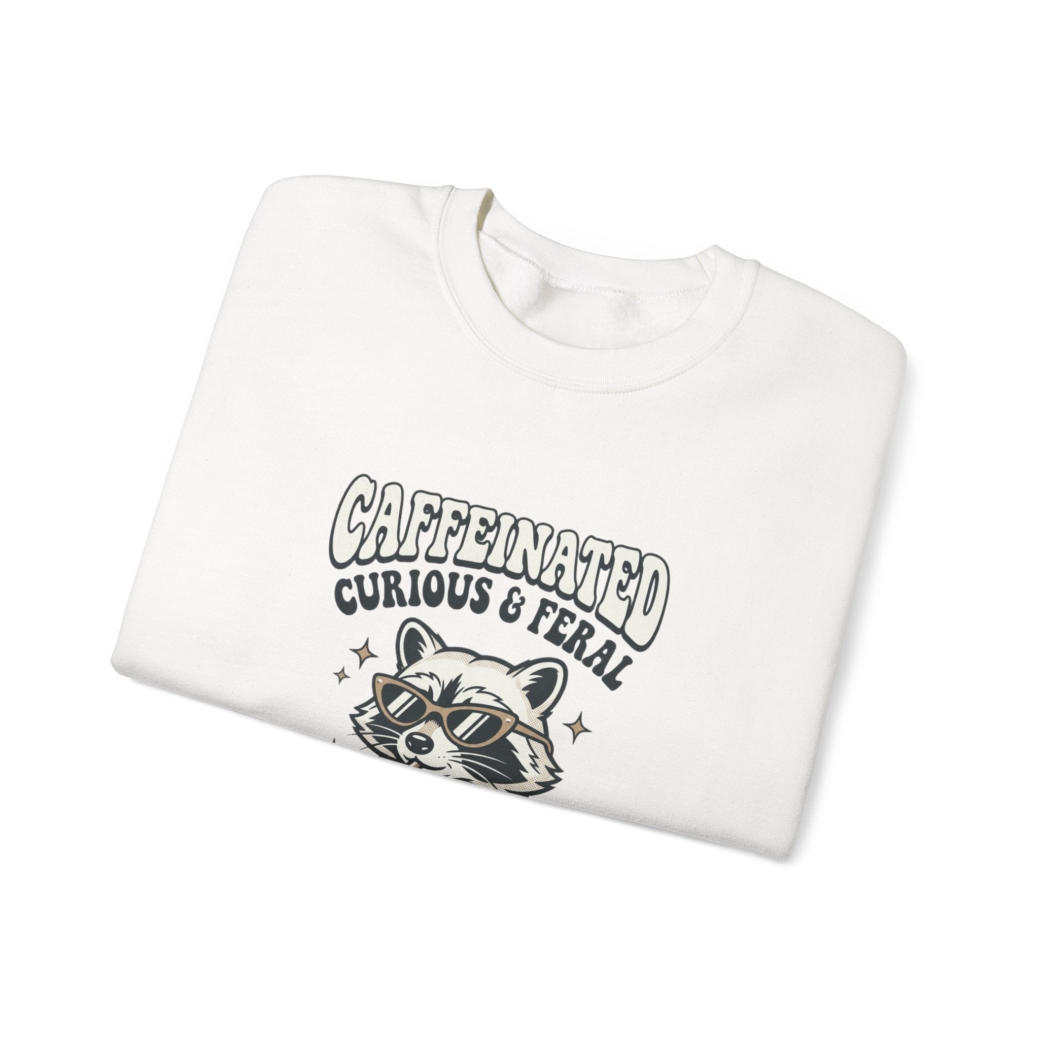 Caffeinated Curious & Feral Raccoon Crewneck | Feral Raccoon Aesthetic, Celestial Wilderness