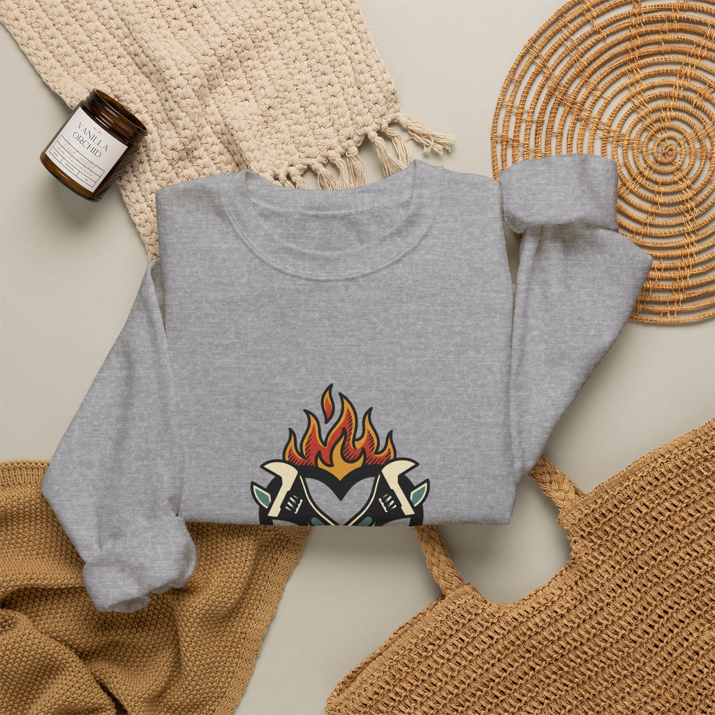 Grease and Grit Heart & Wrench Sweatshirt | Traditional Tattoo-Inspired, Flame & Rose