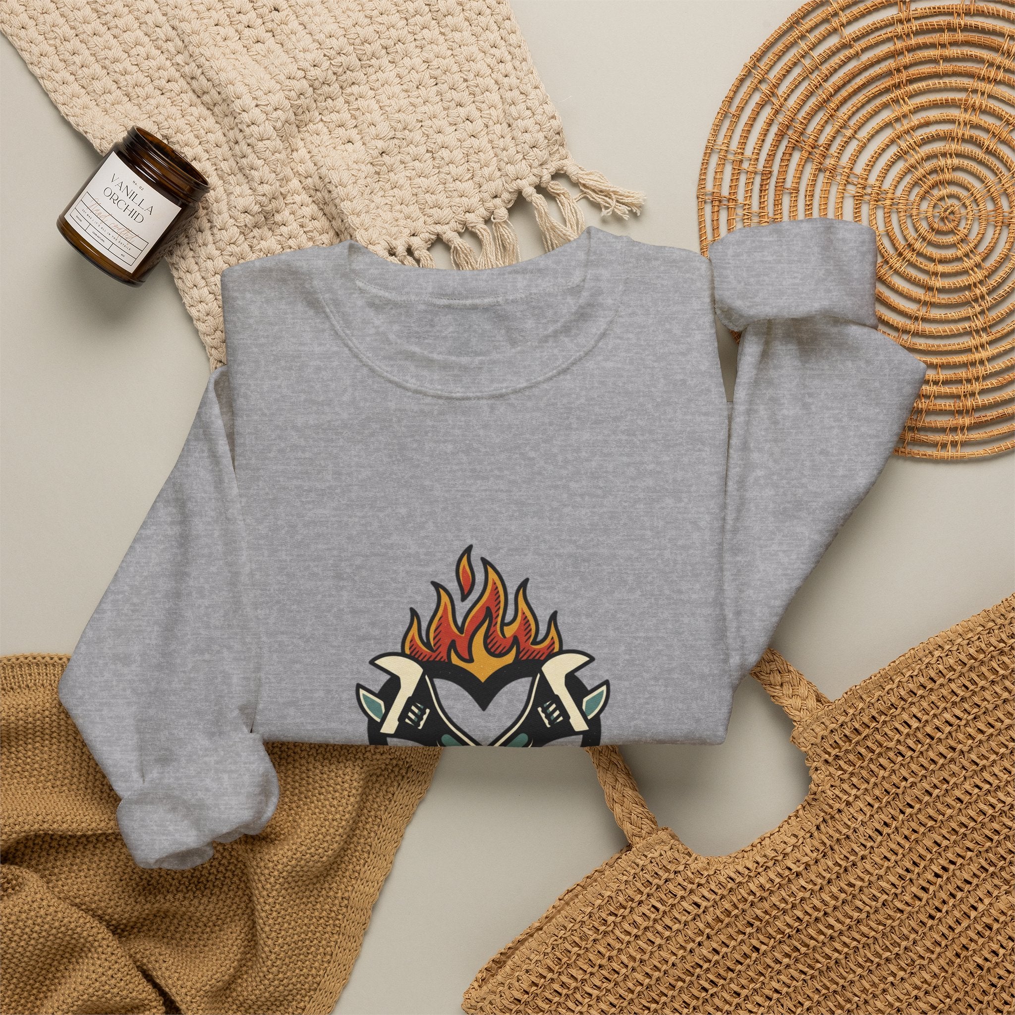 Grease and Grit Heart & Wrench Sweatshirt | Traditional Tattoo-Inspired, Flame & Rose