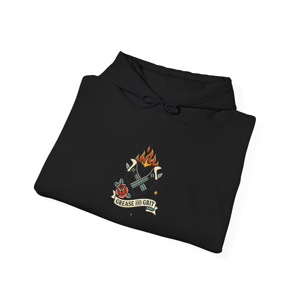 Flaming Dagger Crest Hoodie | Traditional Tattoo-Style, Banner & Roses
