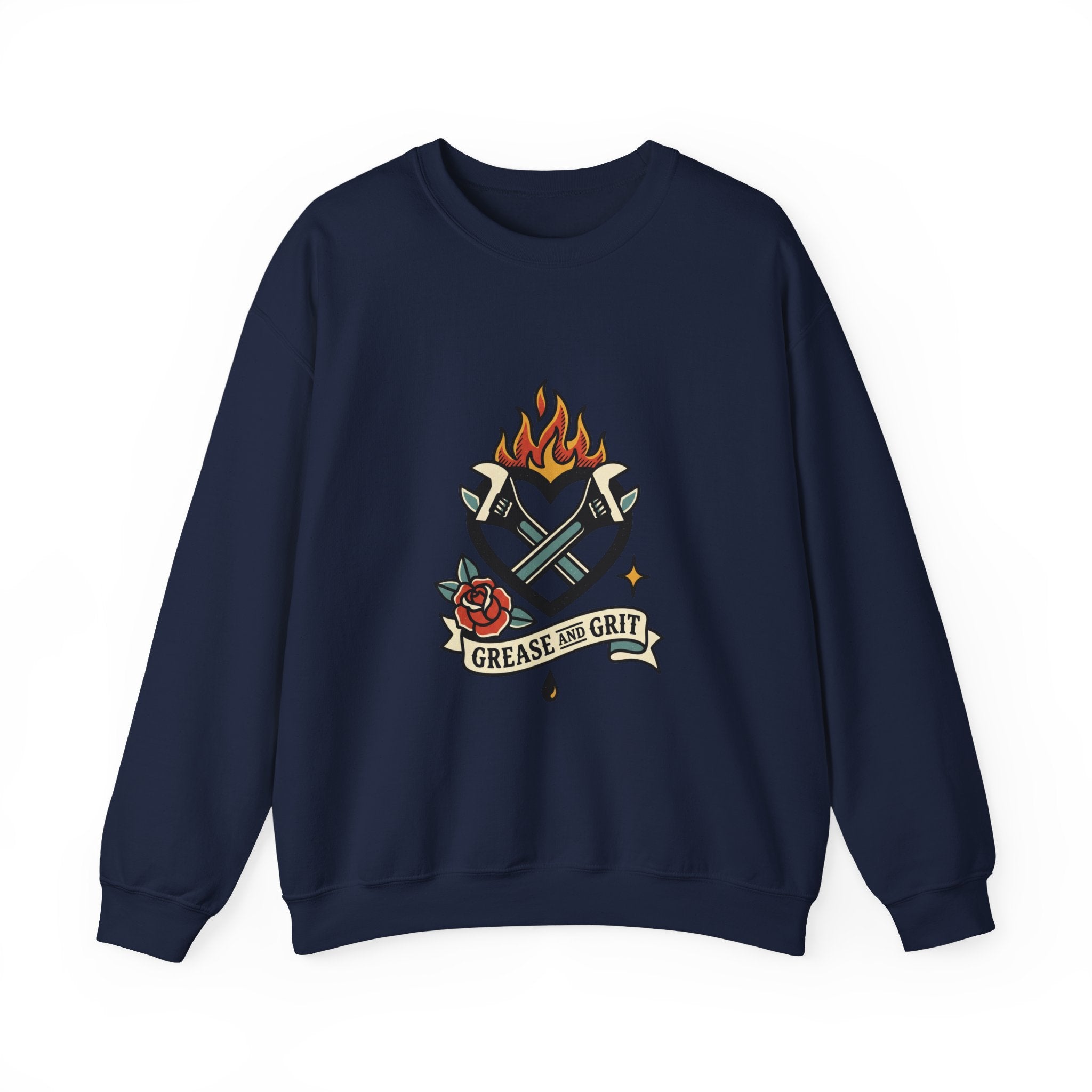 Grease and Grit Heart & Wrench Sweatshirt | Traditional Tattoo-Inspired, Flame & Rose