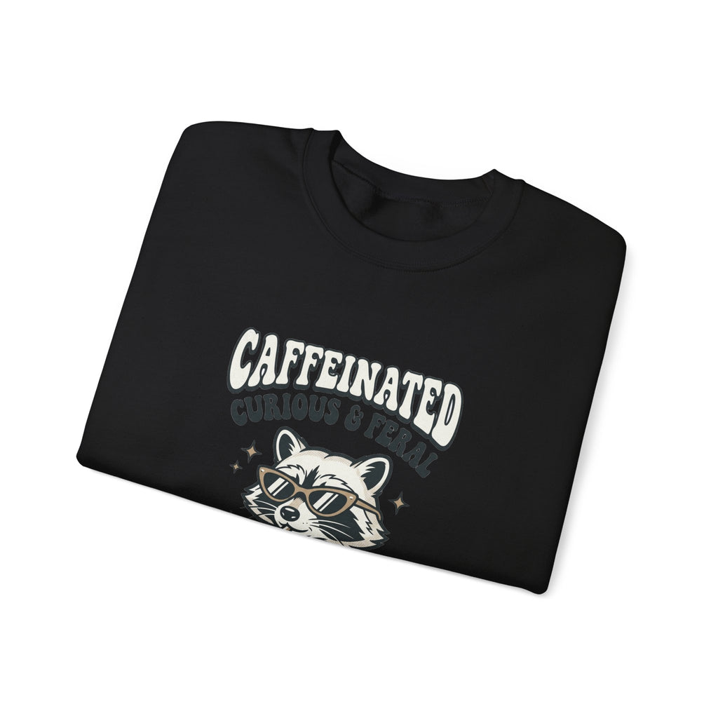 Caffeinated Curious & Feral Raccoon Crewneck | Feral Raccoon Aesthetic, Celestial Wilderness