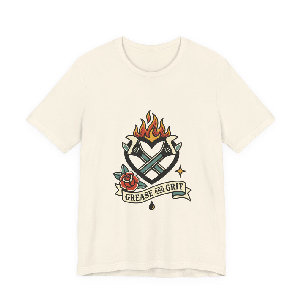 Grease and Grit Heart Flame Tee | Traditional Tattoo Style, Banner & Rose
