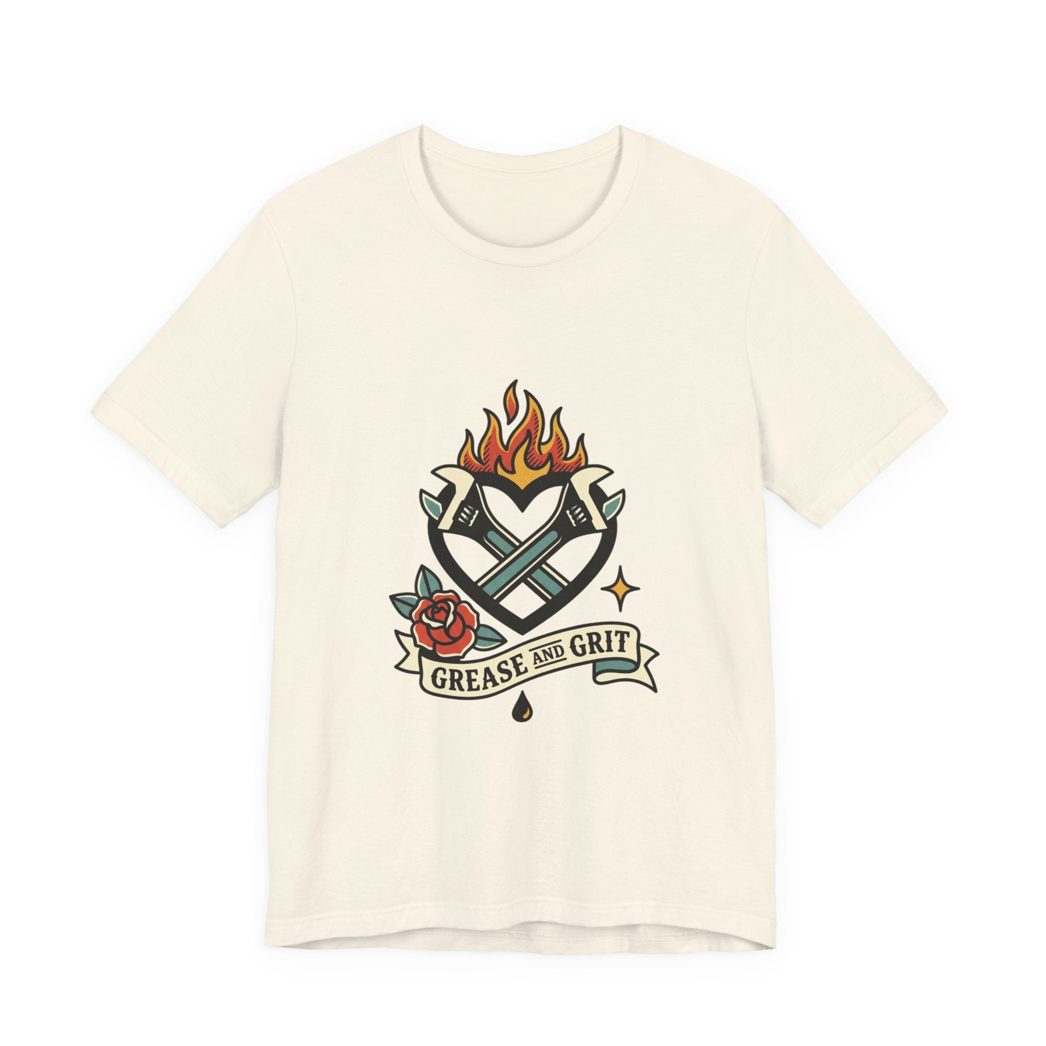 Grease and Grit Heart Flame Tee | Traditional Tattoo Style, Banner & Rose