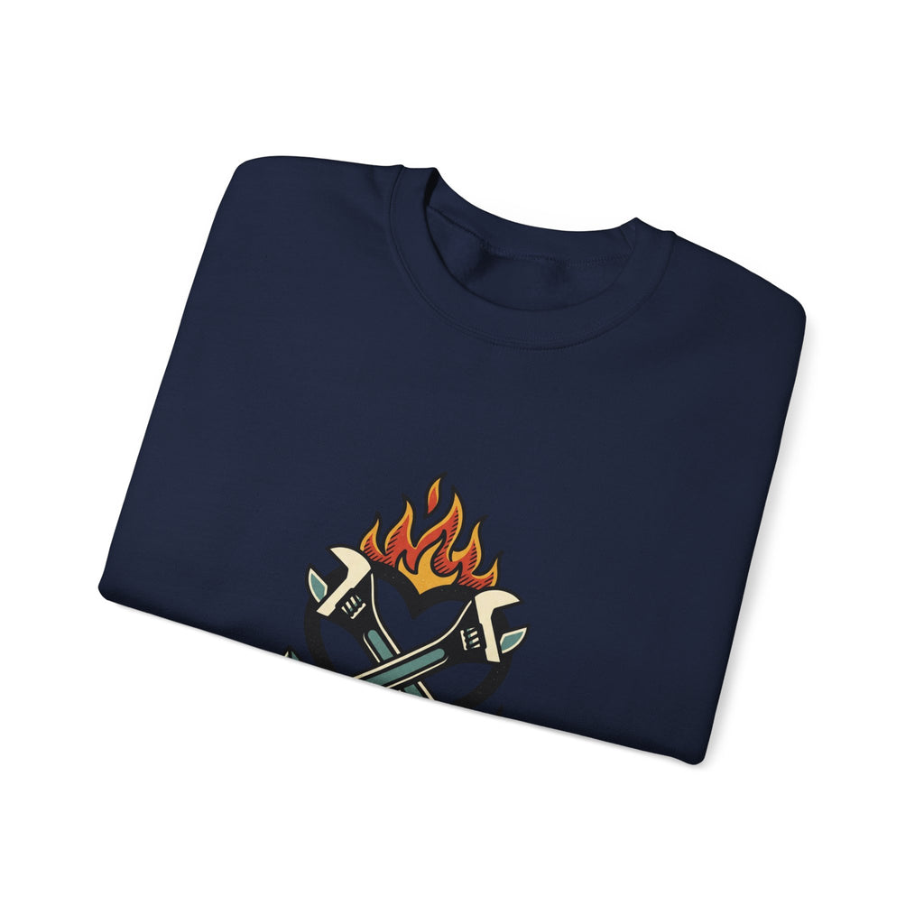 Grease and Grit Heart & Wrench Sweatshirt | Traditional Tattoo-Inspired, Flame & Rose