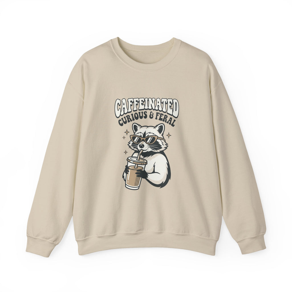 Caffeinated Curious & Feral Raccoon Crewneck | Feral Raccoon Aesthetic, Celestial Wilderness
