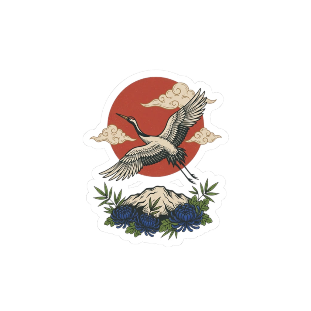 Crane & Mount Fuji Sticker | Traditional Tattoo Flash, Floral Banner