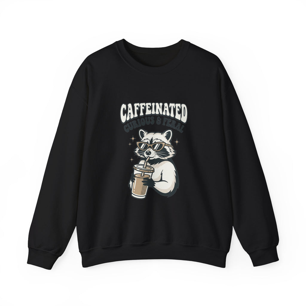 Caffeinated Curious & Feral Raccoon Crewneck | Feral Raccoon Aesthetic, Celestial Wilderness