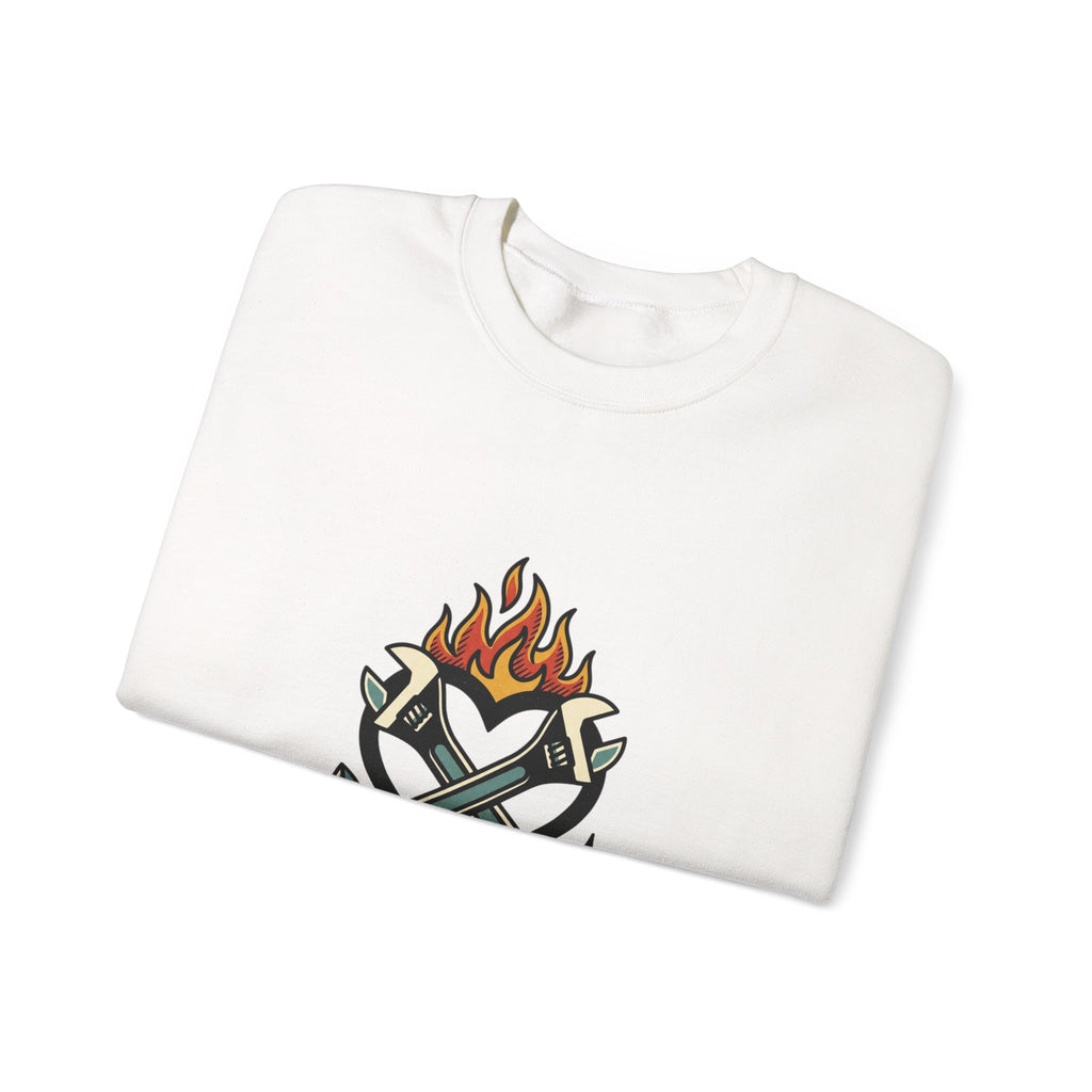 Grease and Grit Heart & Wrench Sweatshirt | Traditional Tattoo-Inspired, Flame & Rose