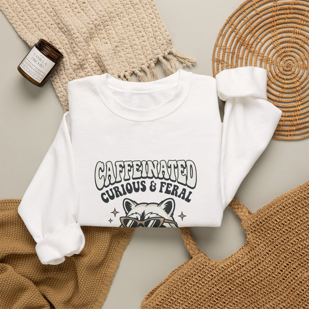Caffeinated Curious & Feral Raccoon Crewneck | Feral Raccoon Aesthetic, Celestial Wilderness
