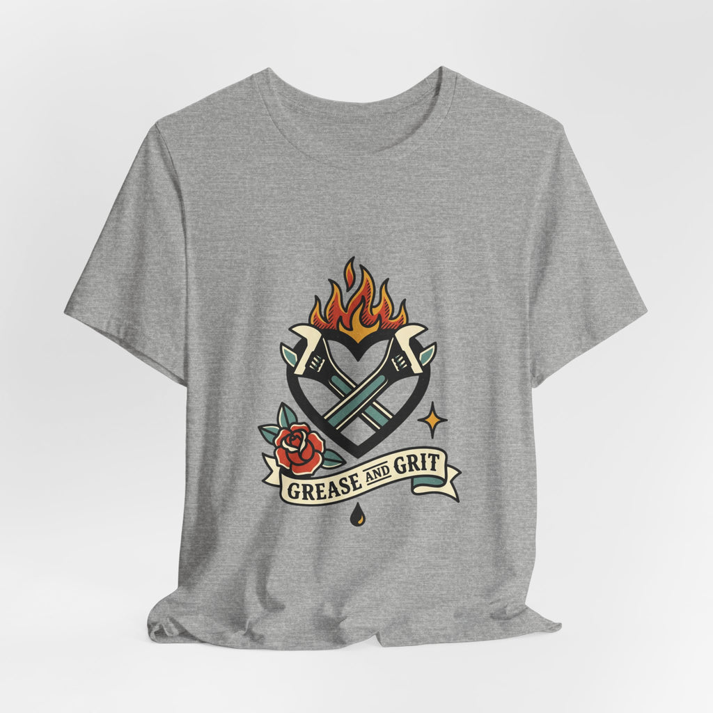 Grease and Grit Heart Flame Tee | Traditional Tattoo Style, Banner & Rose