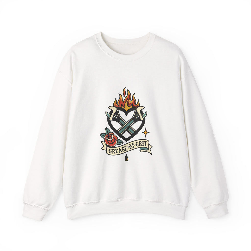 Grease and Grit Heart & Wrench Sweatshirt | Traditional Tattoo-Inspired, Flame & Rose
