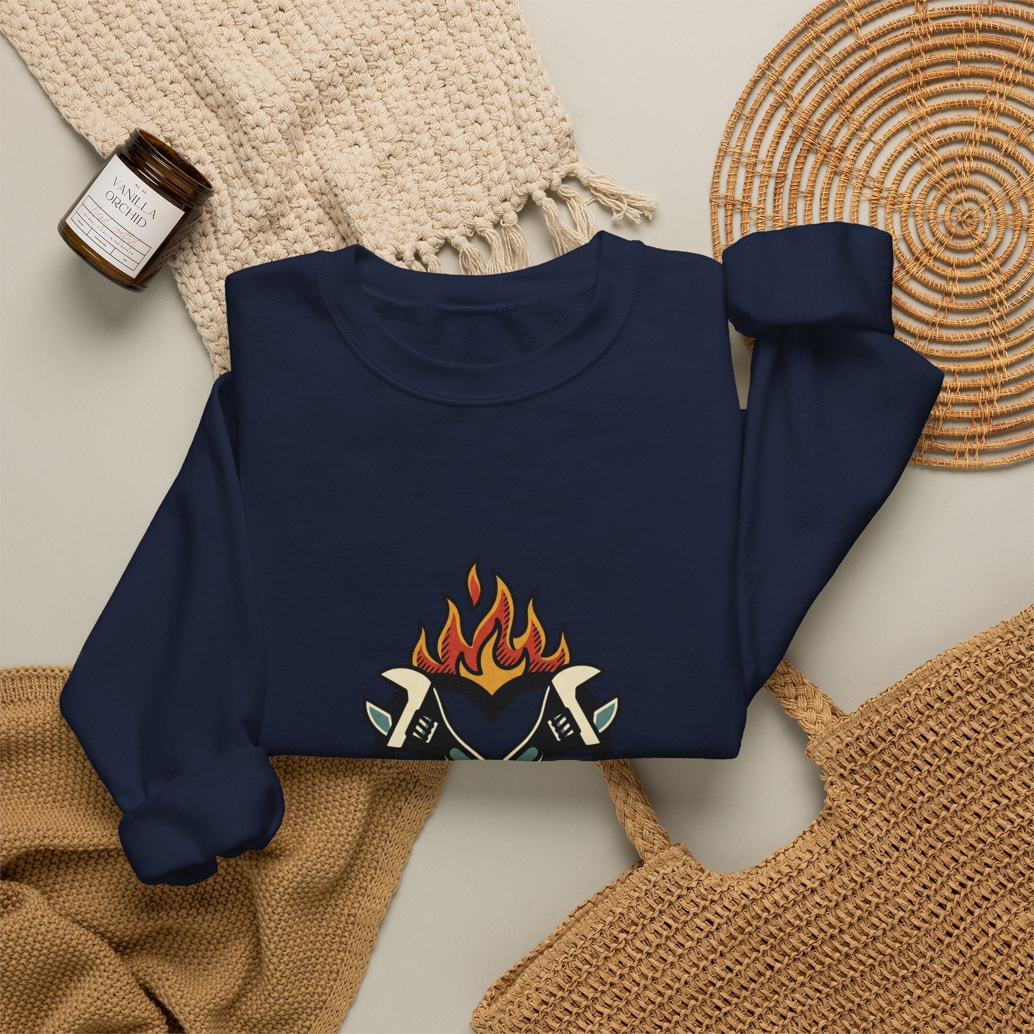 Grease and Grit Heart & Wrench Sweatshirt | Traditional Tattoo-Inspired, Flame & Rose