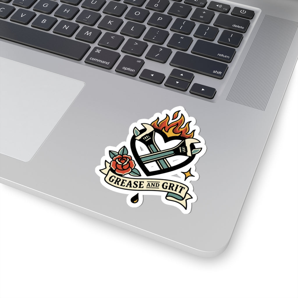 Grease and Grit Heart Wrench Sticker | Traditional Tattoo-Inspired, Flame & Rose Kiss-Cut