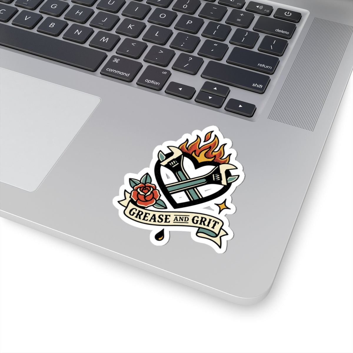Grease and Grit Heart Wrench Sticker | Traditional Tattoo-Inspired, Flame & Rose Kiss-Cut