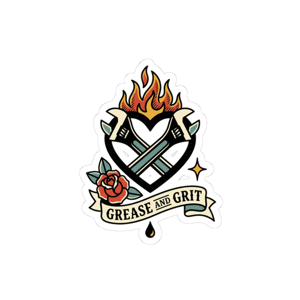 Grease and Grit Heart Wrench Sticker | Traditional Tattoo-Inspired, Flame & Rose Kiss-Cut