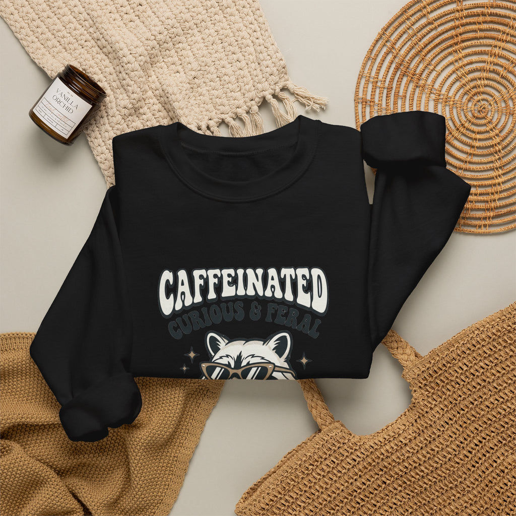 Caffeinated Curious & Feral Raccoon Crewneck | Feral Raccoon Aesthetic, Celestial Wilderness