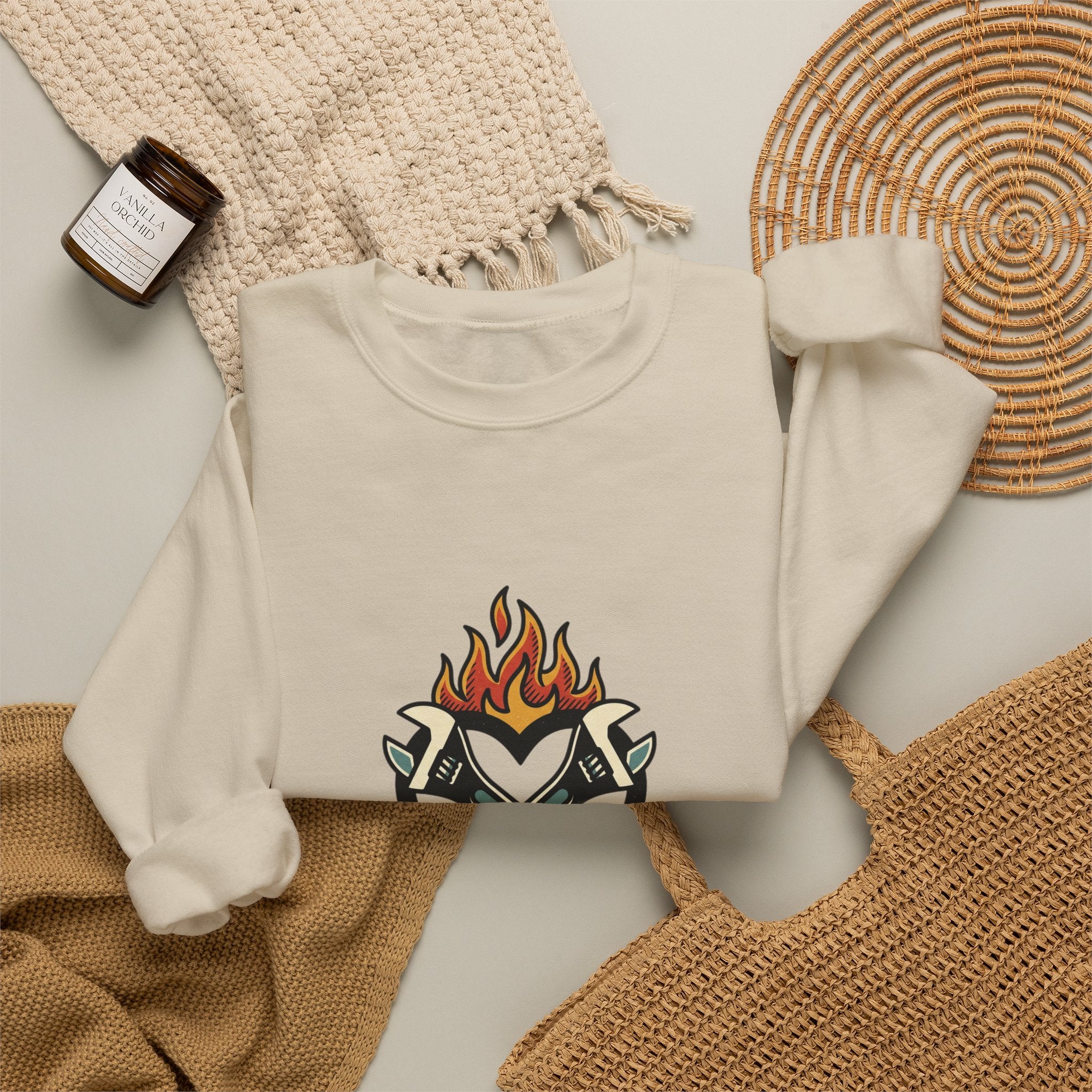 Grease and Grit Heart & Wrench Sweatshirt | Traditional Tattoo-Inspired, Flame & Rose