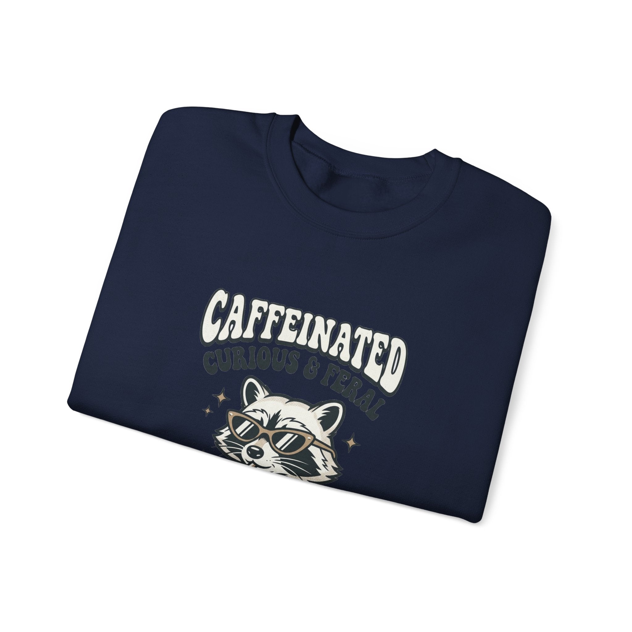 Caffeinated Curious & Feral Raccoon Crewneck | Feral Raccoon Aesthetic, Celestial Wilderness