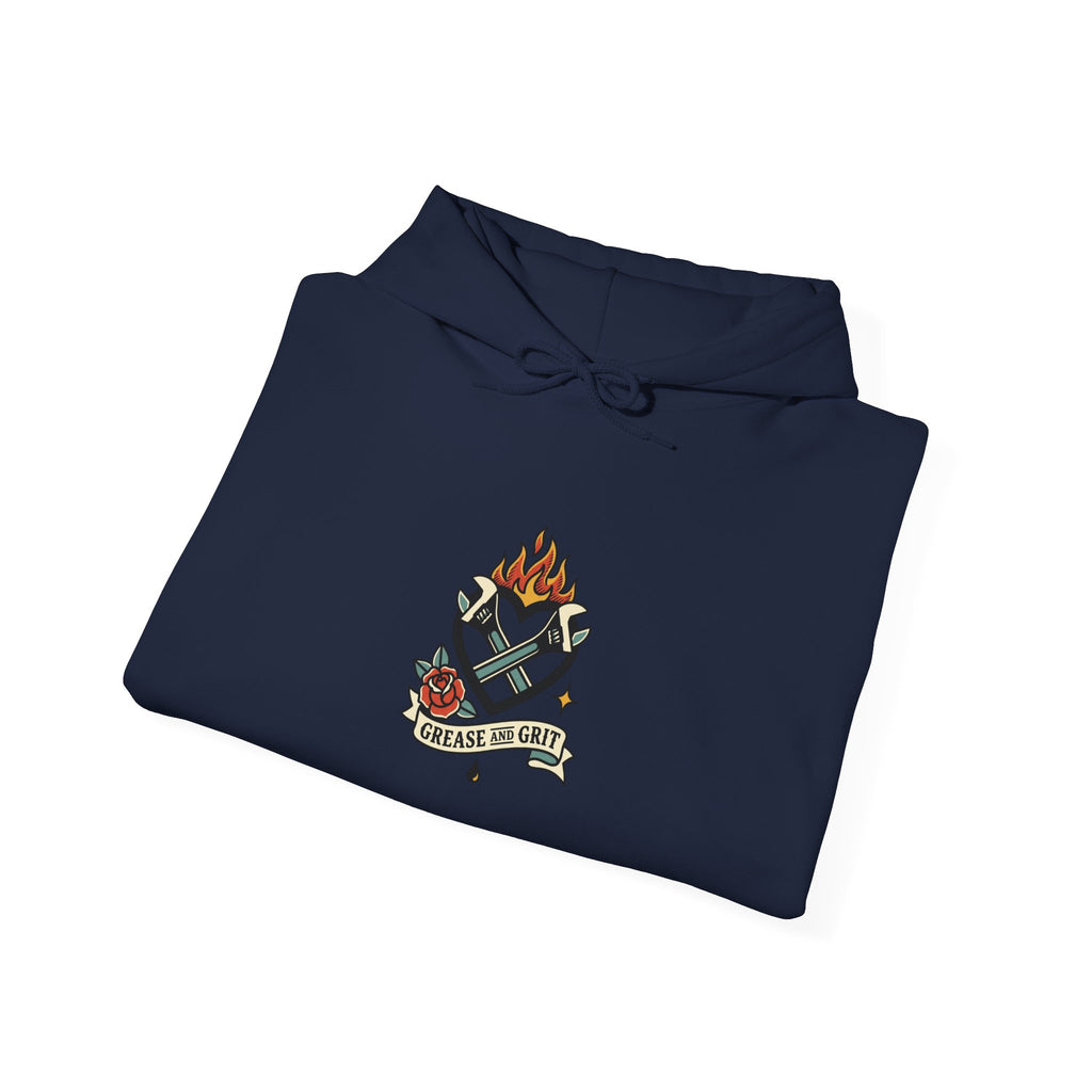 Flaming Dagger Crest Hoodie | Traditional Tattoo-Style, Banner & Roses
