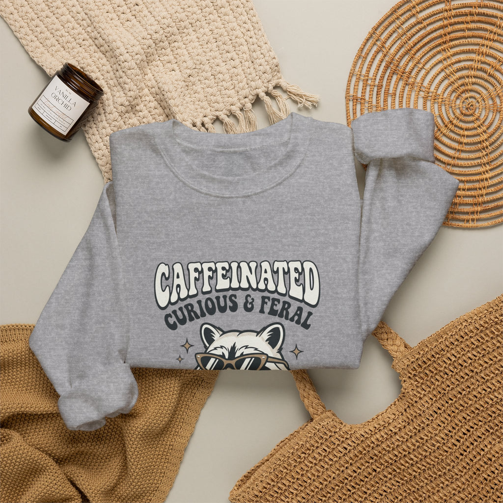 Caffeinated Curious & Feral Raccoon Crewneck | Feral Raccoon Aesthetic, Celestial Wilderness
