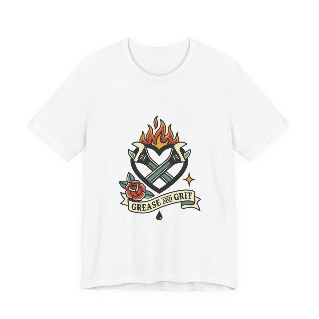 Grease and Grit Heart Flame Tee | Traditional Tattoo Style, Banner & Rose