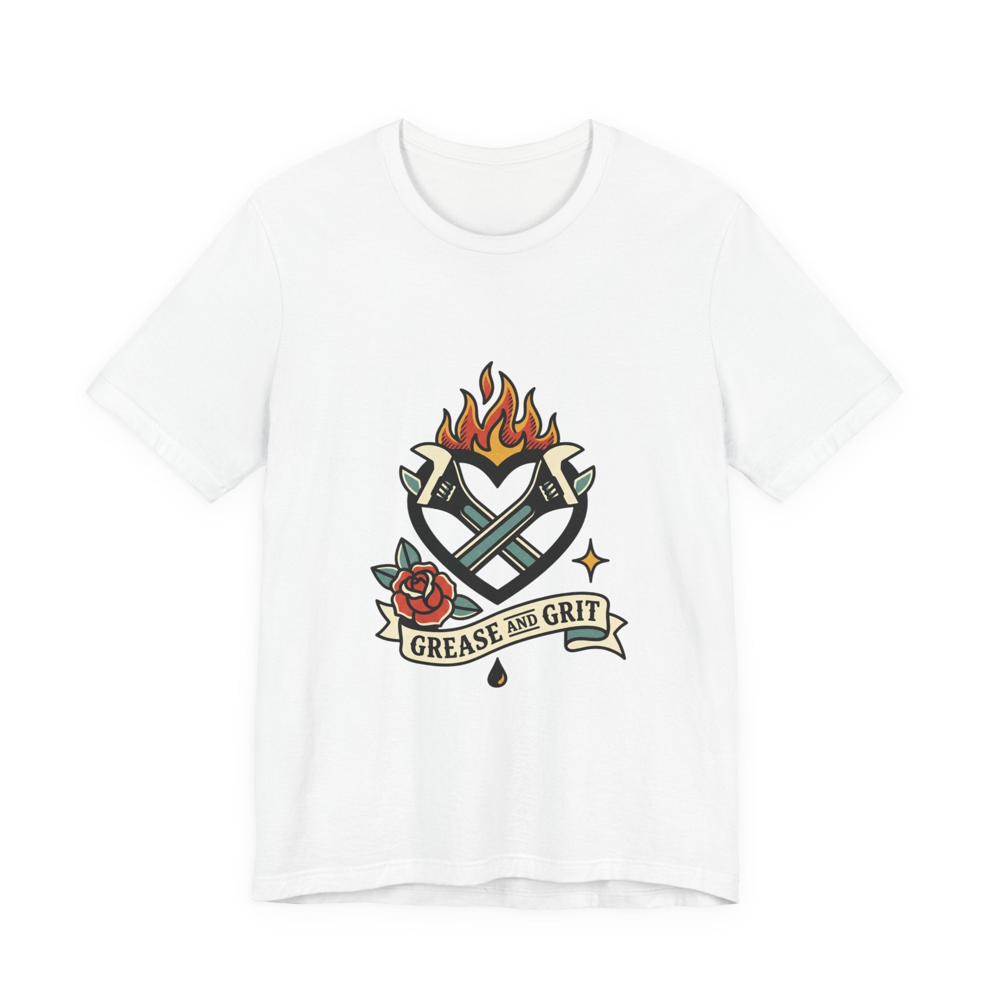 Grease and Grit Heart Flame Tee | Traditional Tattoo Style, Banner & Rose