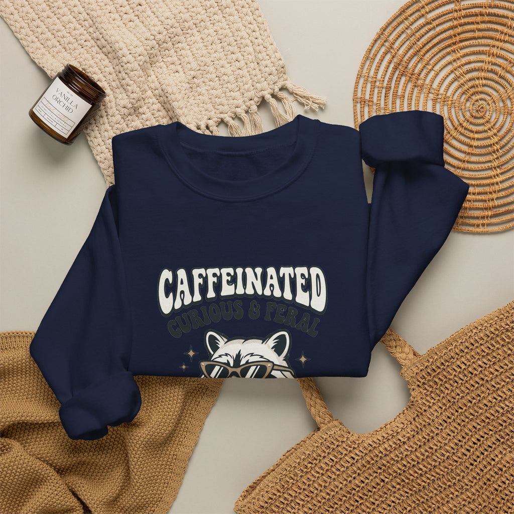 Caffeinated Curious & Feral Raccoon Crewneck | Feral Raccoon Aesthetic, Celestial Wilderness
