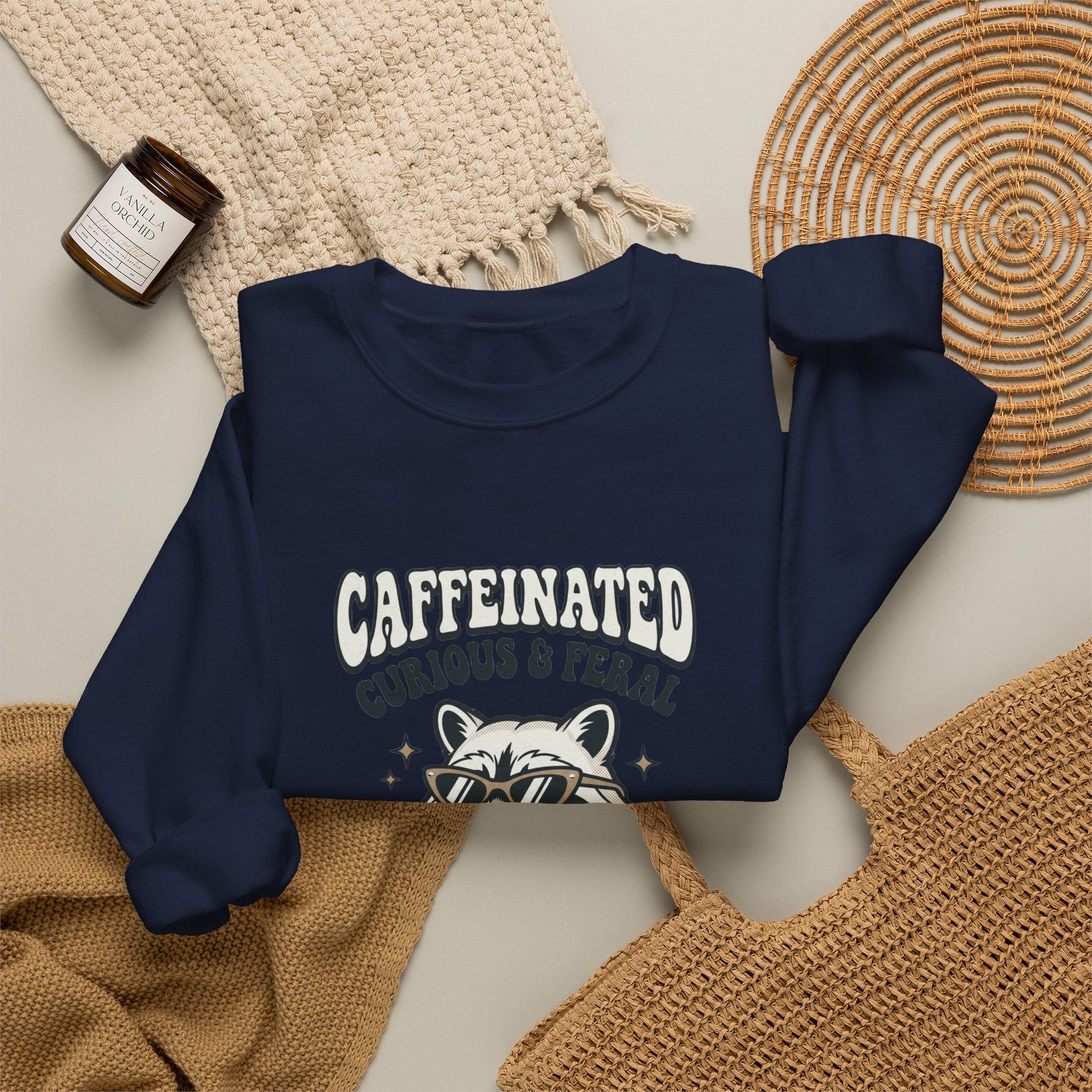 Caffeinated Curious & Feral Raccoon Crewneck | Feral Raccoon Aesthetic, Celestial Wilderness